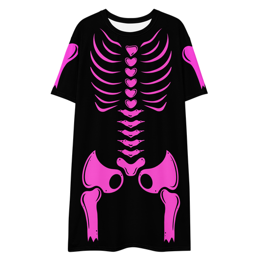 Pink Skeleton - Women’s Black Halloween T-shirt Dress