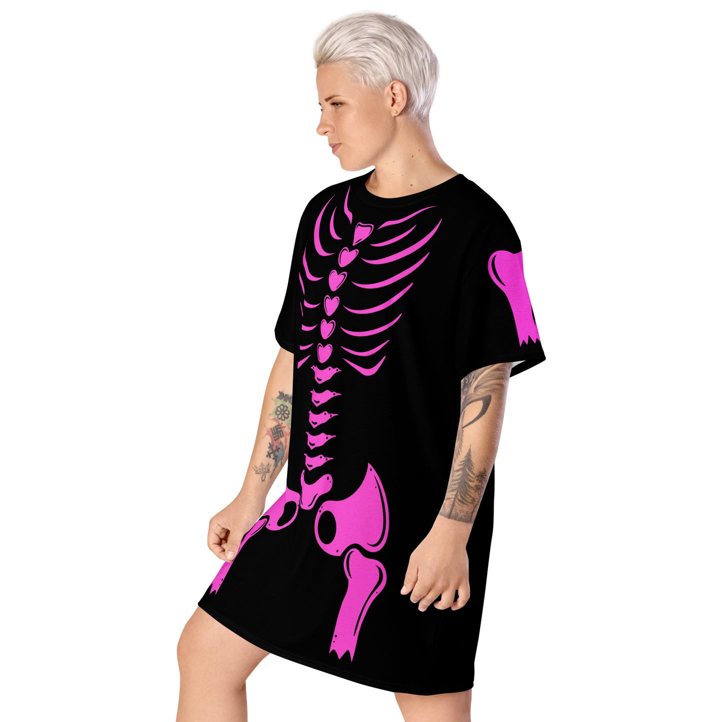 Pink Skeleton - Women’s Black Halloween T-shirt Dress